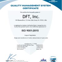 Official ISO 9001:2015 certificate for DFT quality management.